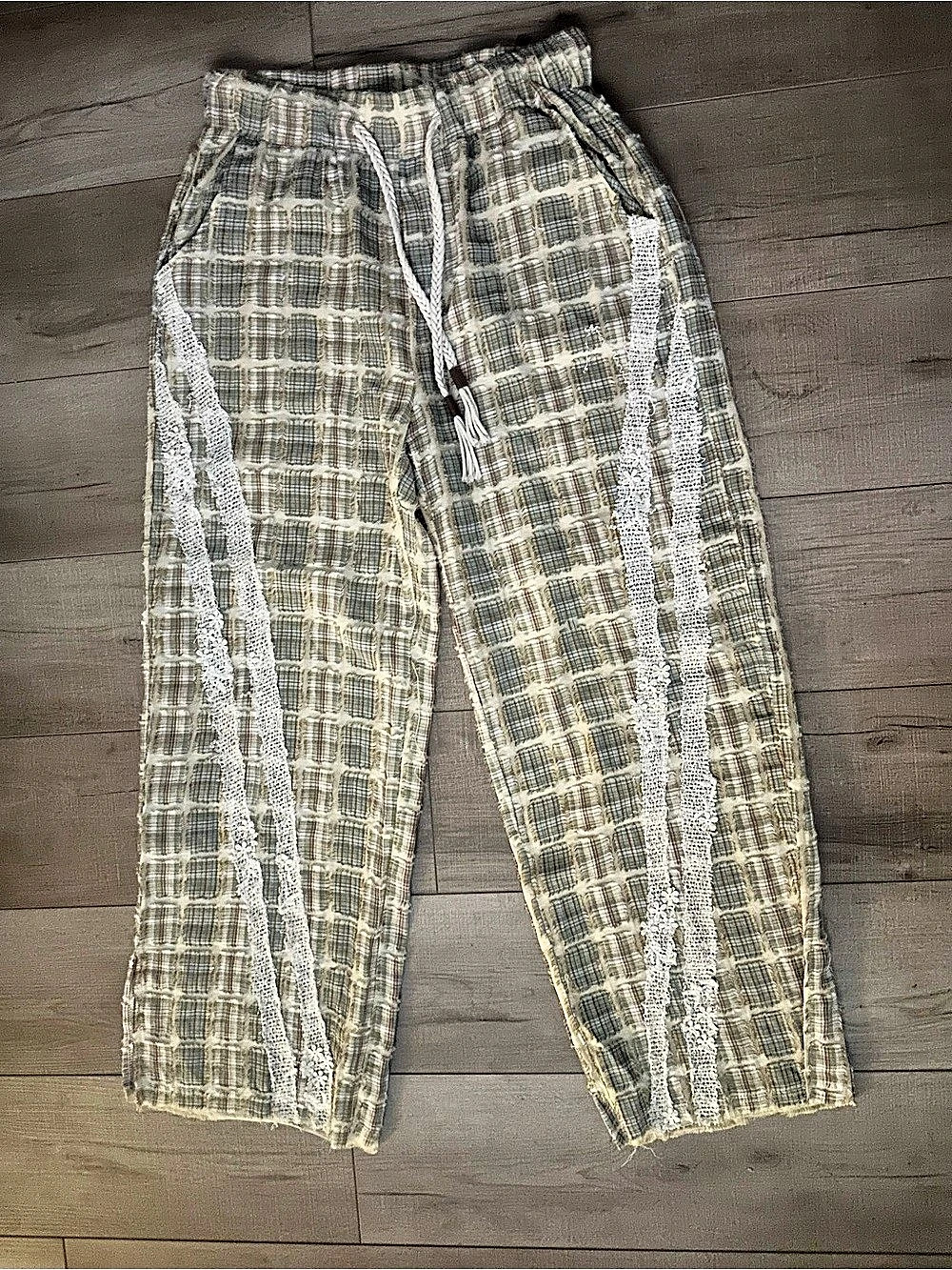 POL Blue & Green Washed Cotton Plaid with Stripes Lace Leg Pants Lace Leg Pants